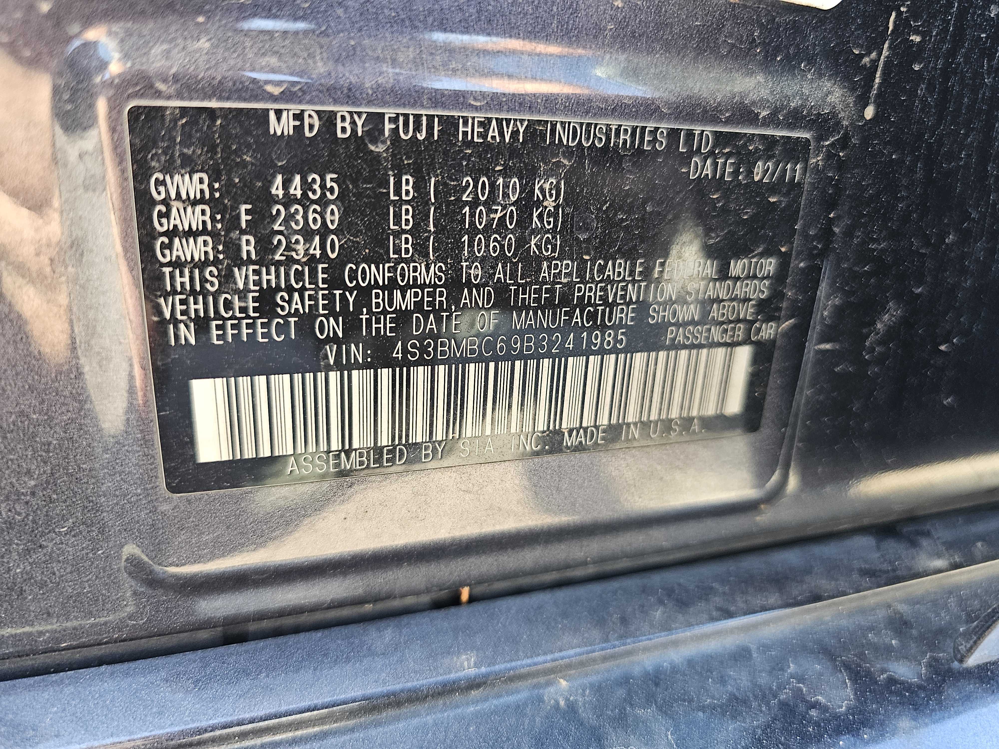 4S3BMBC69B3241985 2011 Subaru Legacy 2.5I Premium