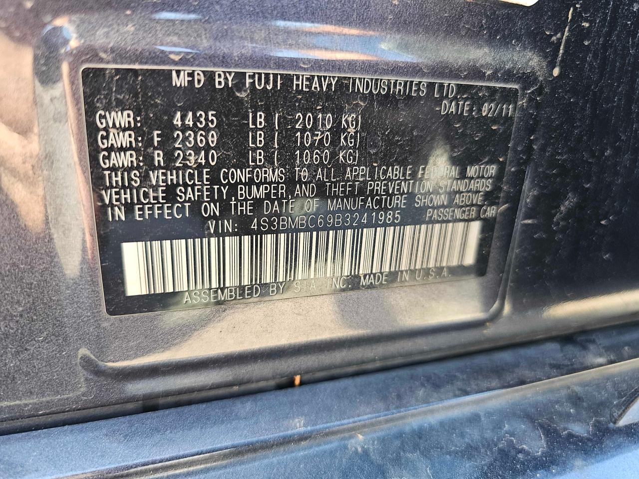 2011 Subaru Legacy 2.5I Premium VIN: 4S3BMBC69B3241985 Lot: 67803584