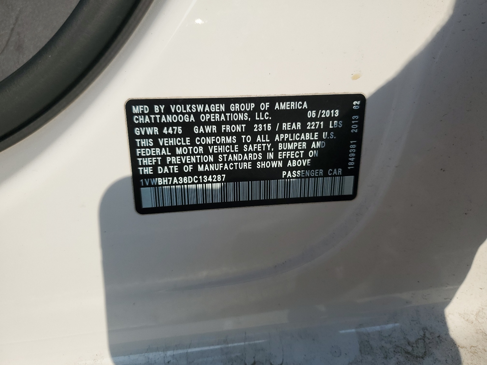 1VWBH7A36DC134287 2013 Volkswagen Passat Se