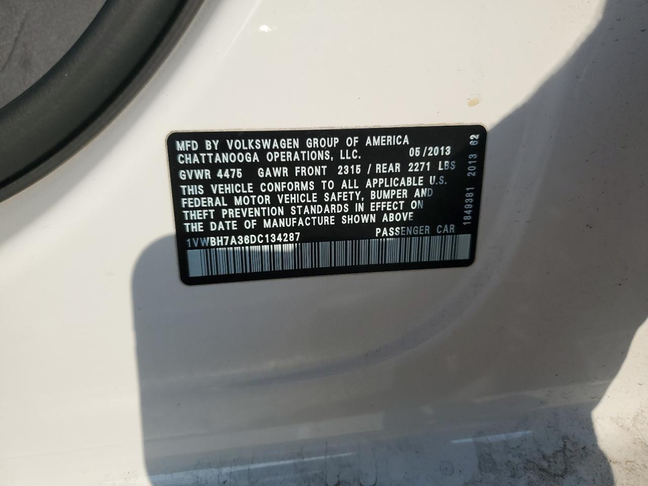 2013 Volkswagen Passat Se VIN: 1VWBH7A36DC134287 Lot: 66686724