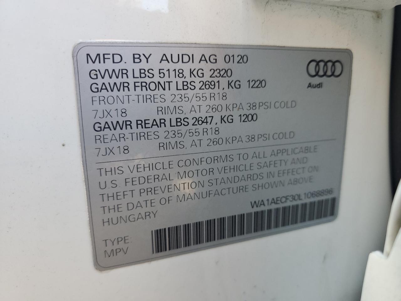 2020 Audi Q3 Premium VIN: WA1AECF30L1068896 Lot: 67478484