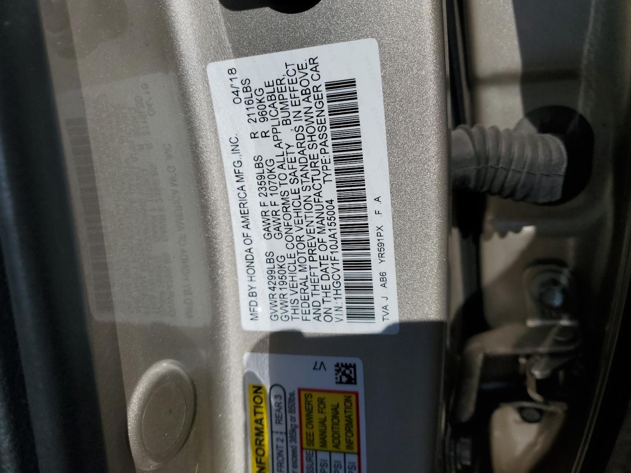 1HGCV1F10JA155004 2018 Honda Accord Lx