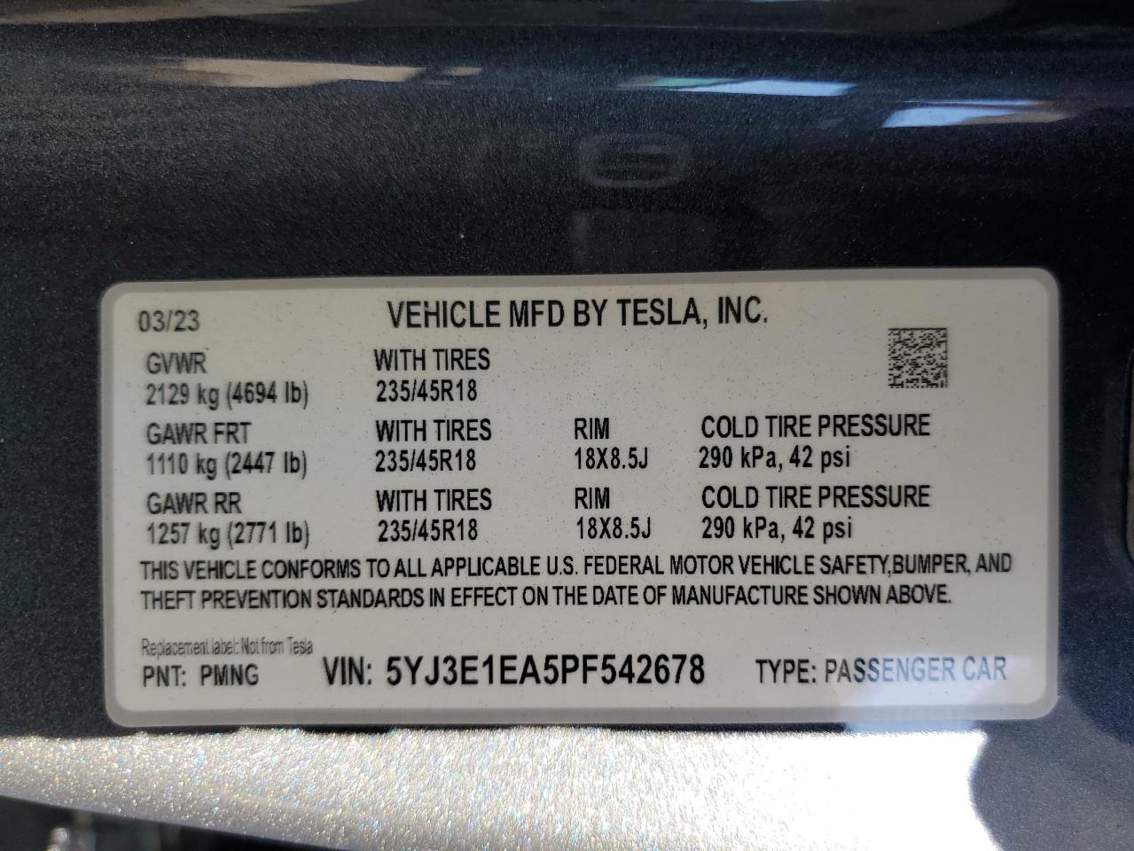 2023 Tesla Model 3 VIN: 5YJ3E1EA5PF542678 Lot: 69489404