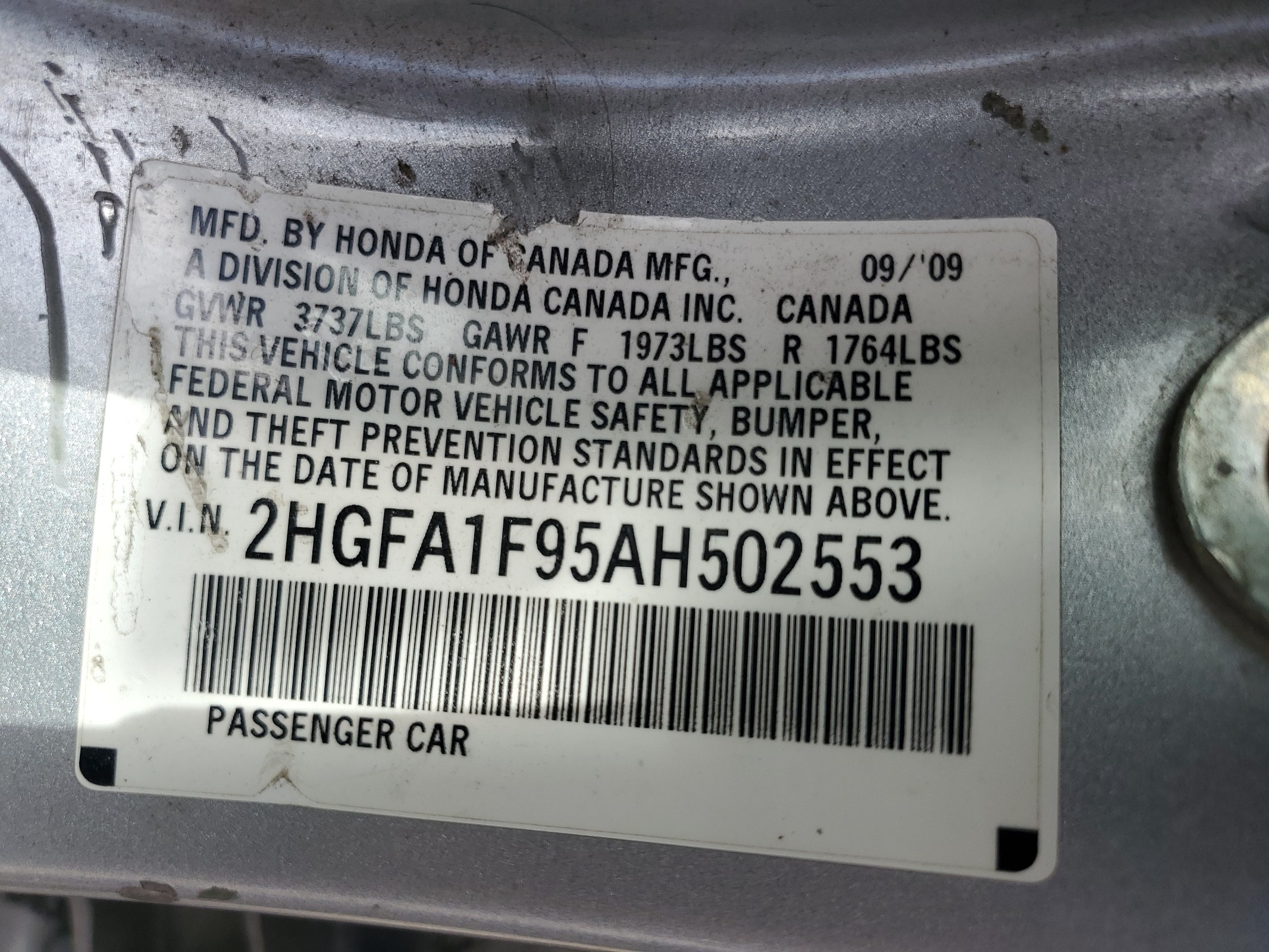 2HGFA1F95AH502553 2010 Honda Civic Exl
