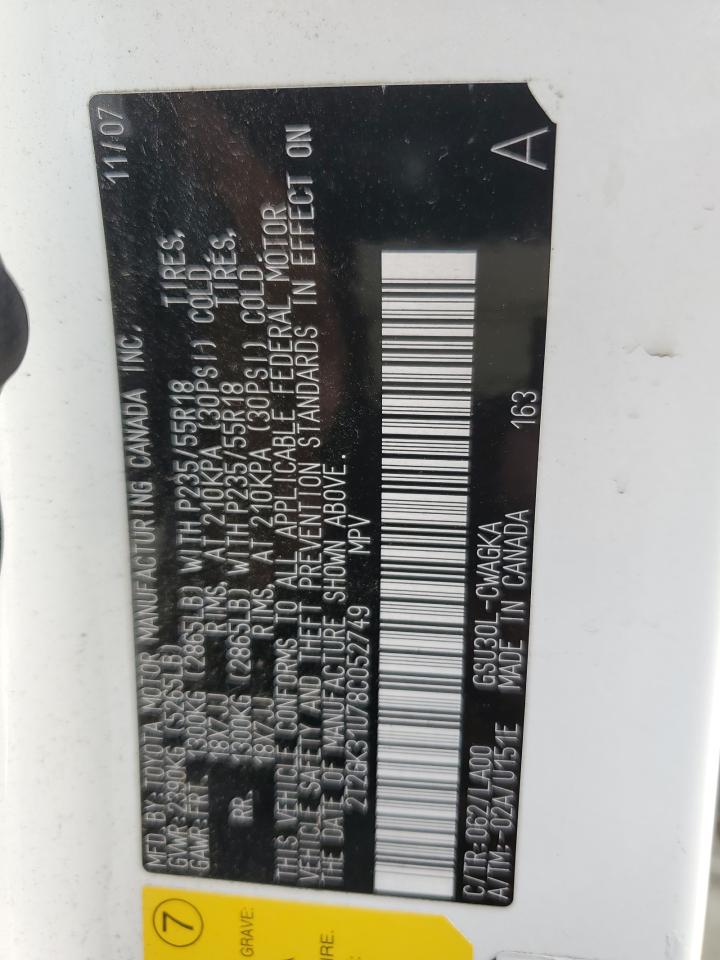 2008 Lexus Rx 350 VIN: 2T2GK31U78C052749 Lot: 65978934