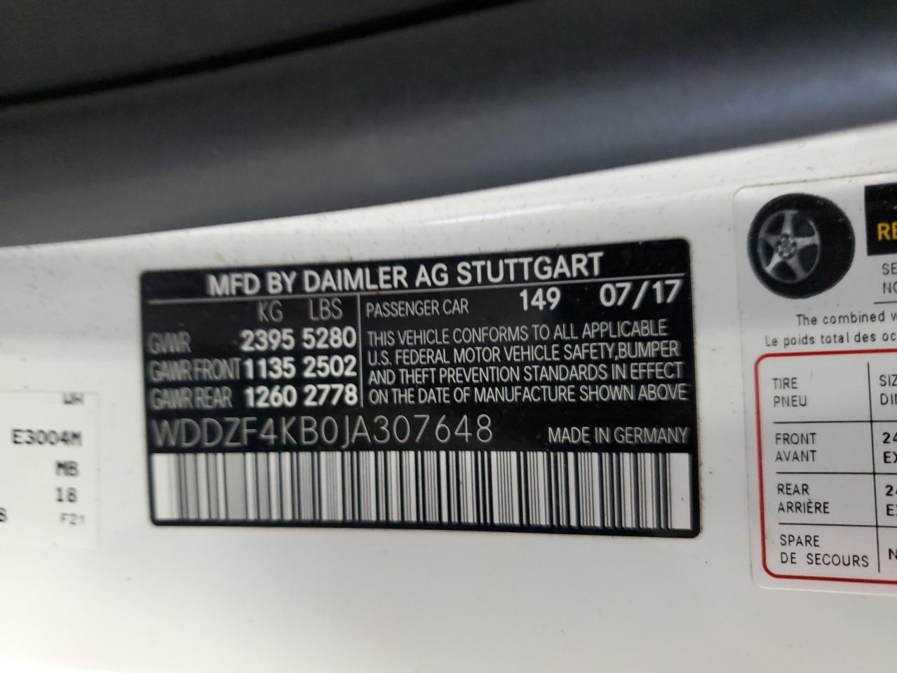 2018 Mercedes-Benz E 300 4Matic VIN: WDDZF4KB0JA307648 Lot: 69655194