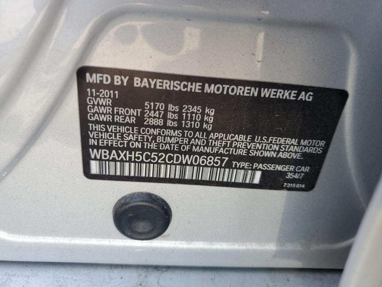 2012 BMW 528 Xi VIN: WBAXH5C52CDW06857 Lot: 67183824