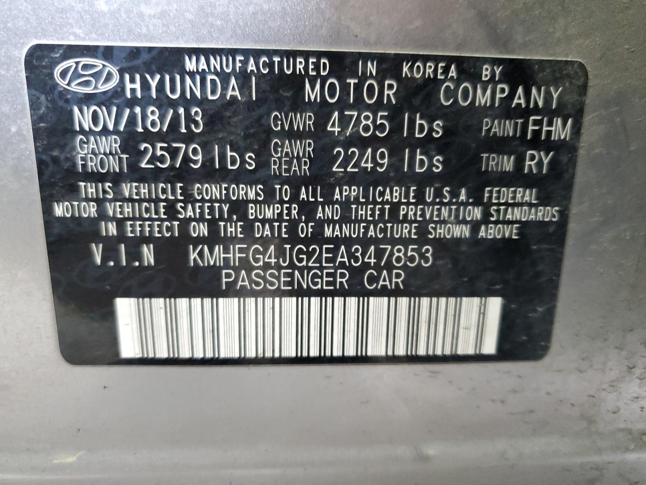 KMHFG4JG2EA347853 2014 Hyundai Azera