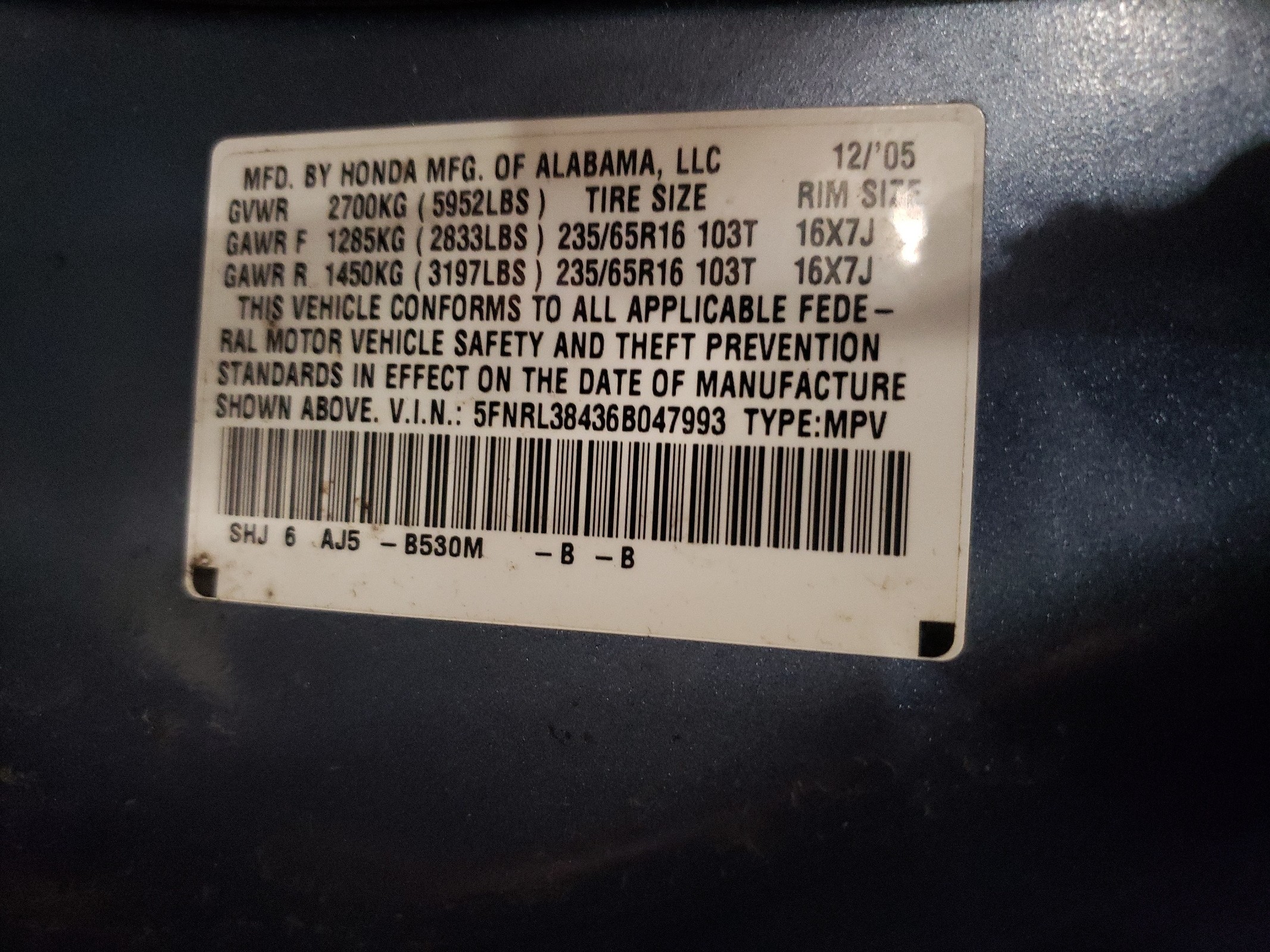 5FNRL38436B047993 2006 Honda Odyssey Ex