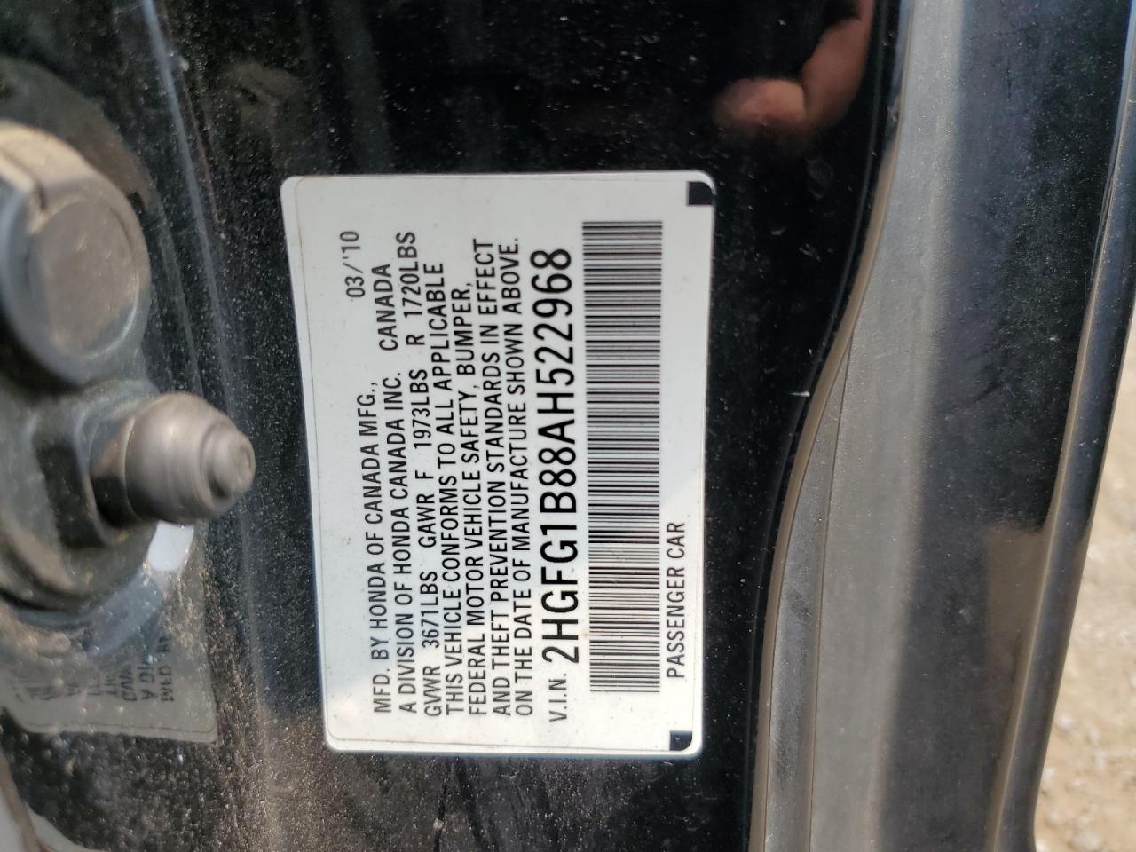 2010 Honda Civic Ex VIN: 2HGFG1B88AH522968 Lot: 66972694