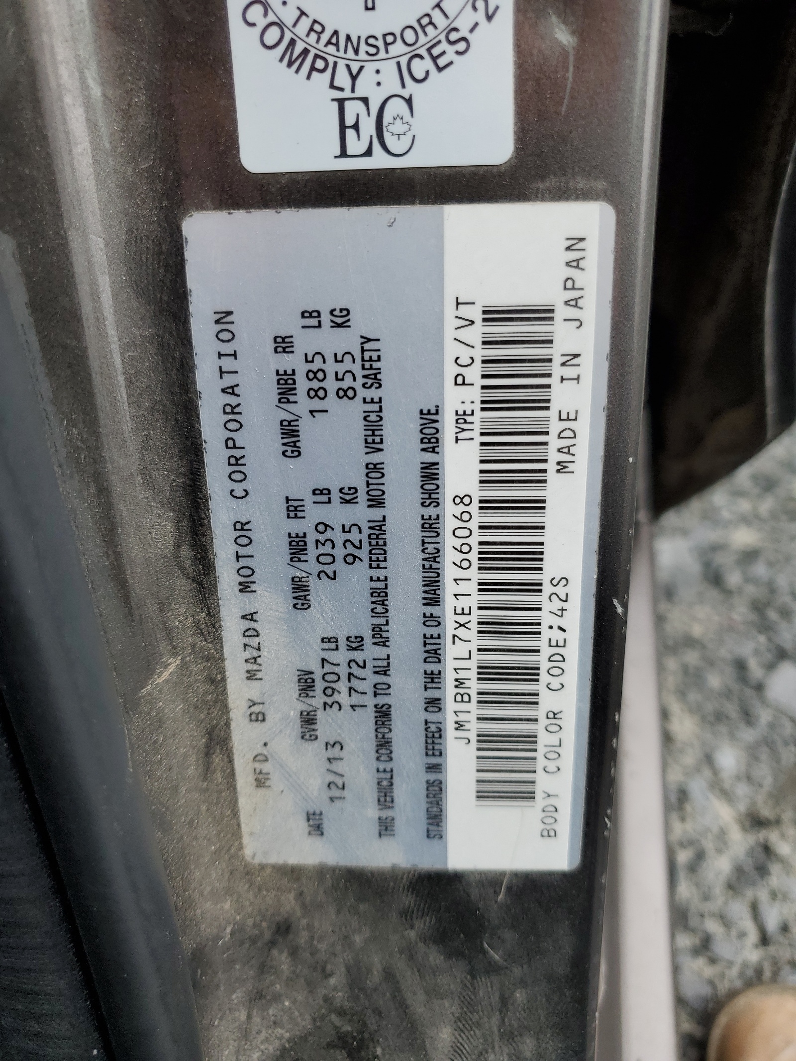 JM1BM1L7XE1166068 2014 Mazda 3 Touring