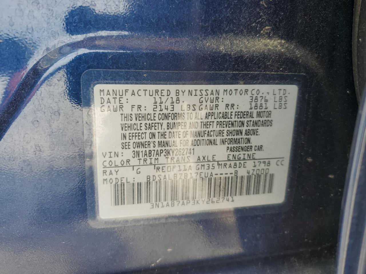 3N1AB7AP3KY262741 2019 Nissan Sentra S