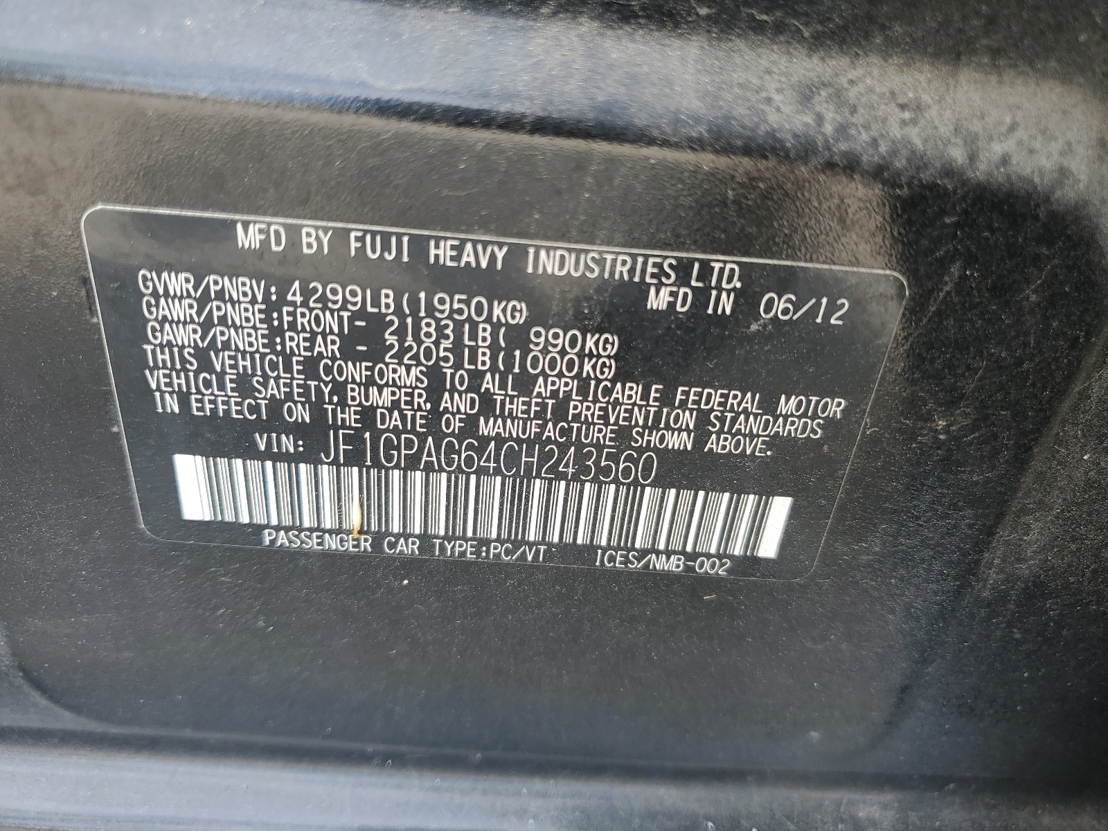 JF1GPAG64CH243560 2012 Subaru Impreza Limited