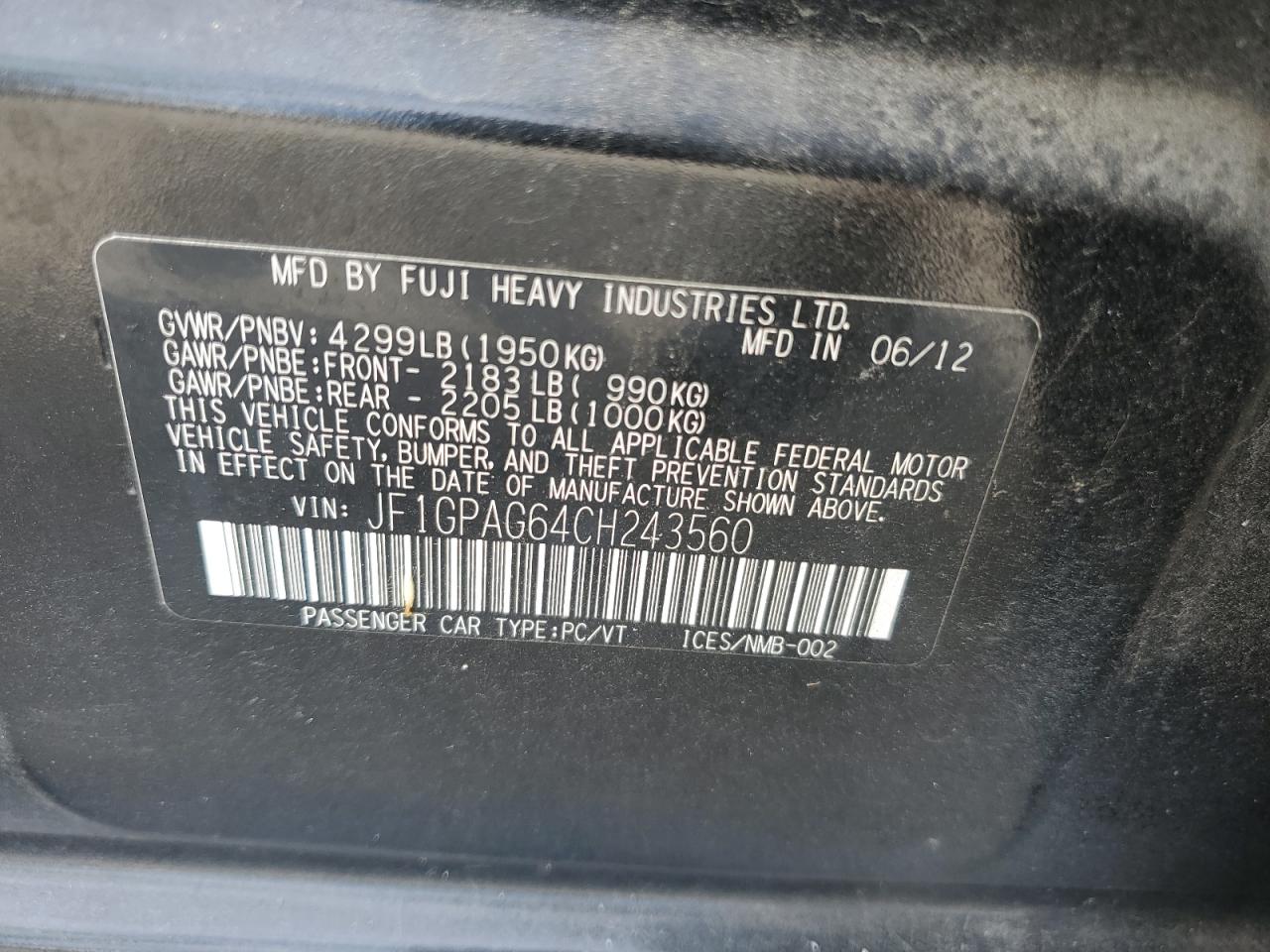 2012 Subaru Impreza Limited VIN: JF1GPAG64CH243560 Lot: 66186804