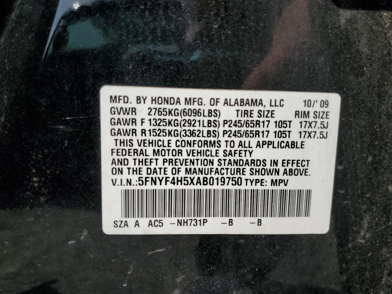 2010 Honda Pilot Exl VIN: 5FNYF4H5XAB019750 Lot: 65220654