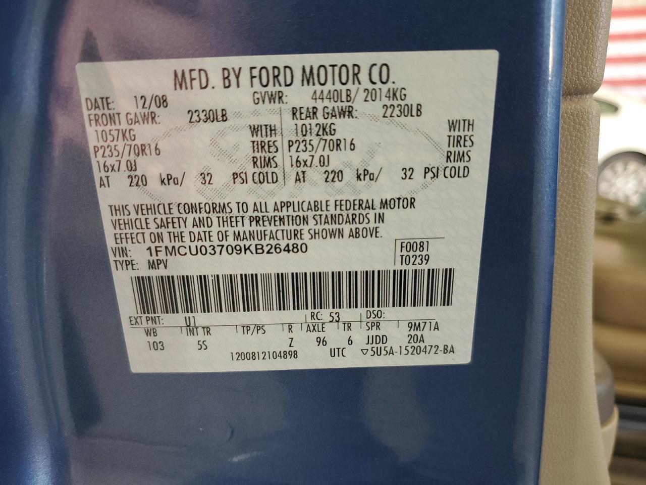 2009 Ford Escape Xlt VIN: 1FMCU03709KB26480 Lot: 65758734