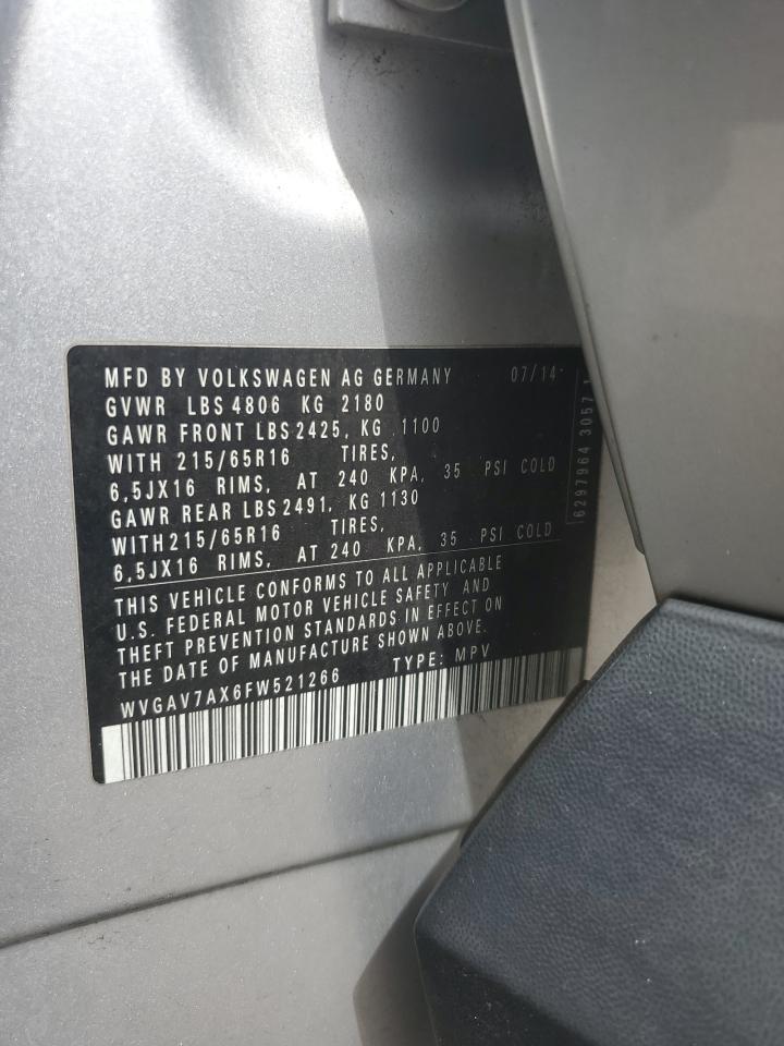 2015 Volkswagen Tiguan S VIN: WVGAV7AX6FW521266 Lot: 65940894