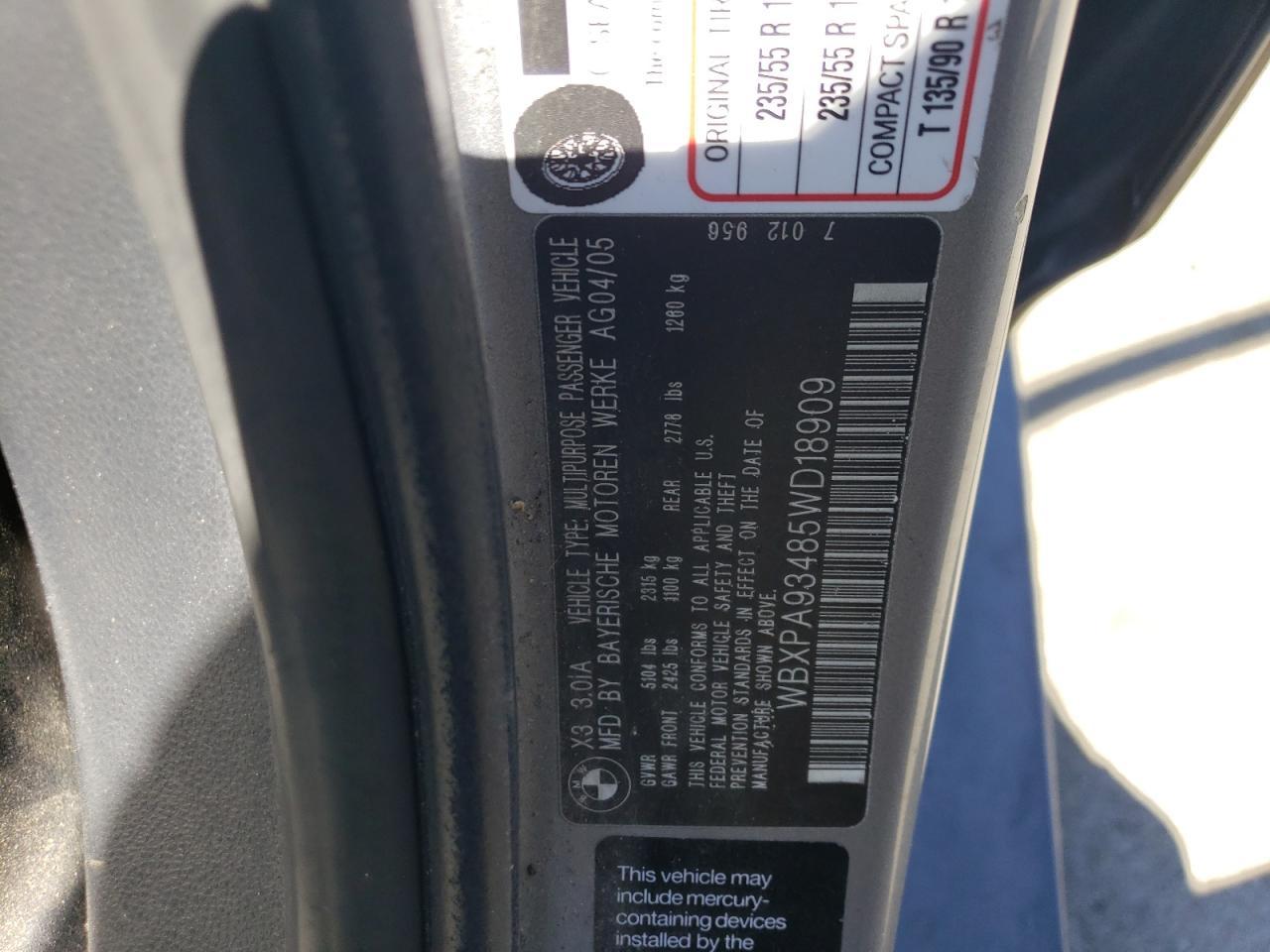 2005 BMW X3 3.0I VIN: WBXPA93485WD18909 Lot: 67558394