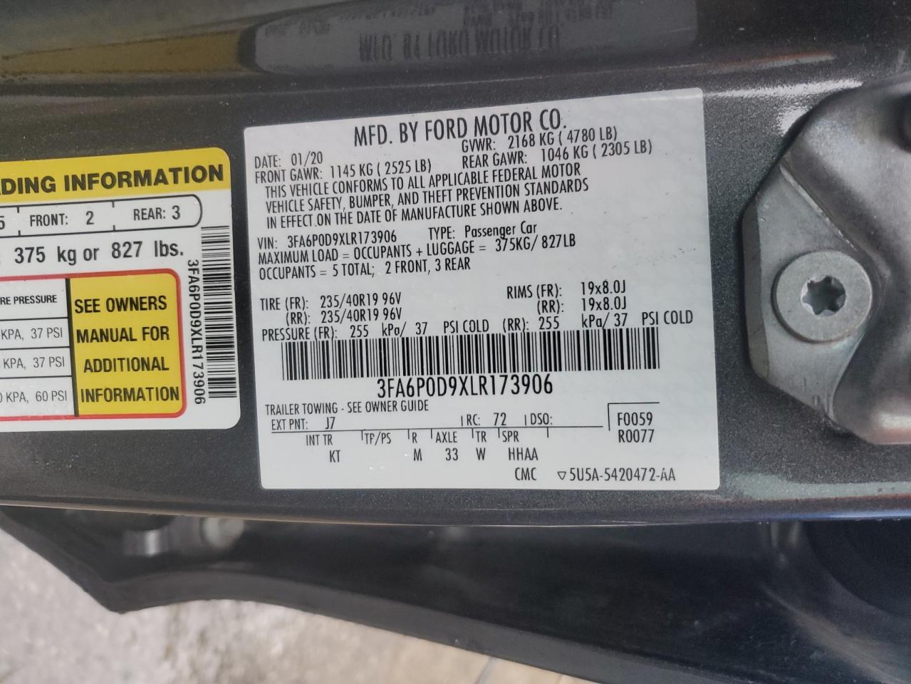 3FA6P0D9XLR173906 2020 Ford Fusion Titanium