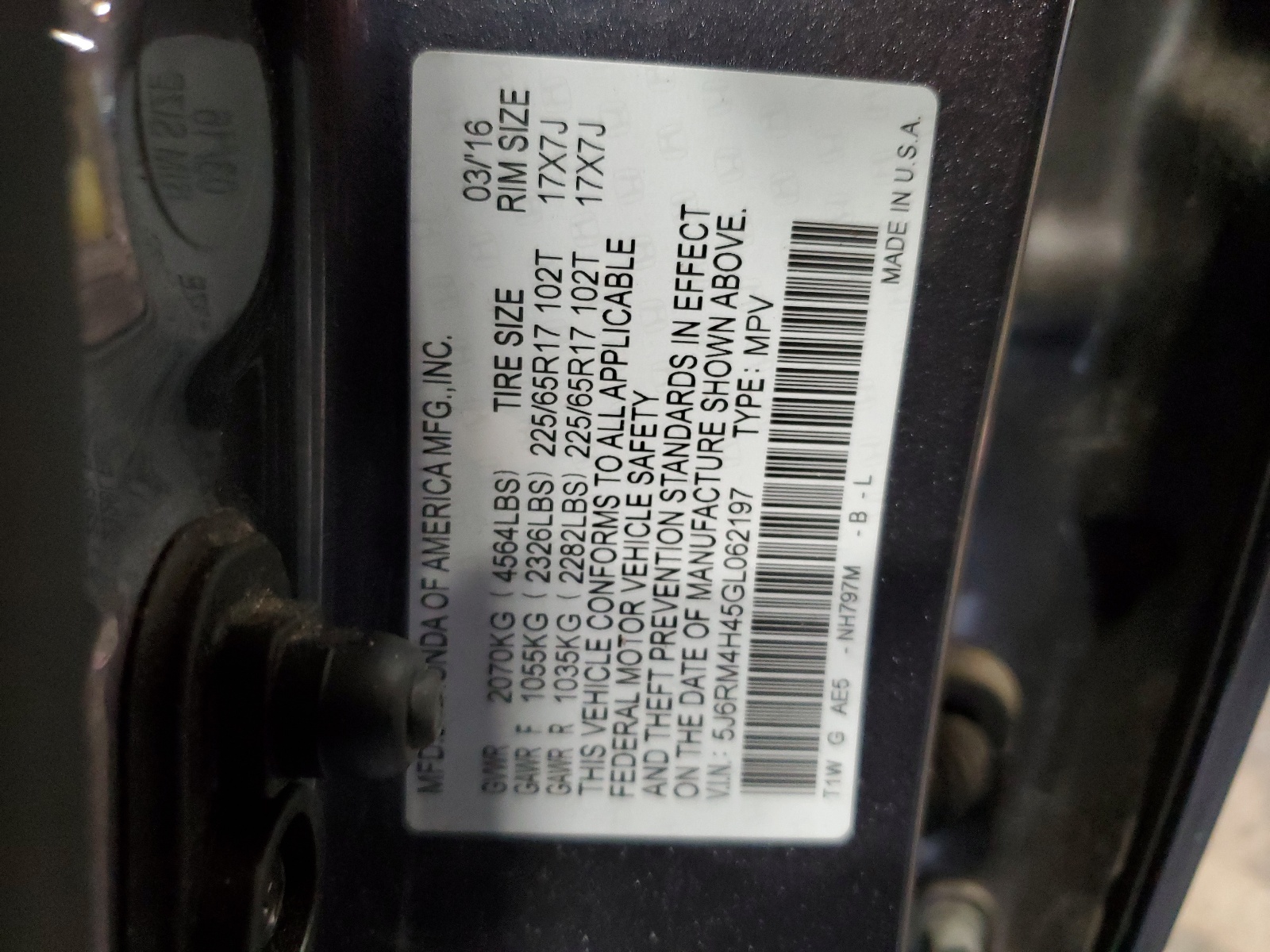 5J6RM4H45GL062197 2016 Honda Cr-V Se