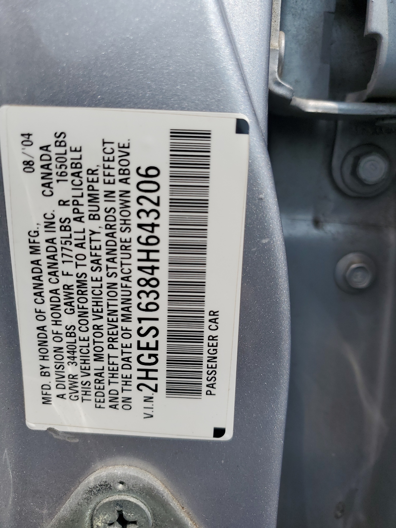 2HGES16384H643206 2004 Honda Civic Dx Vp