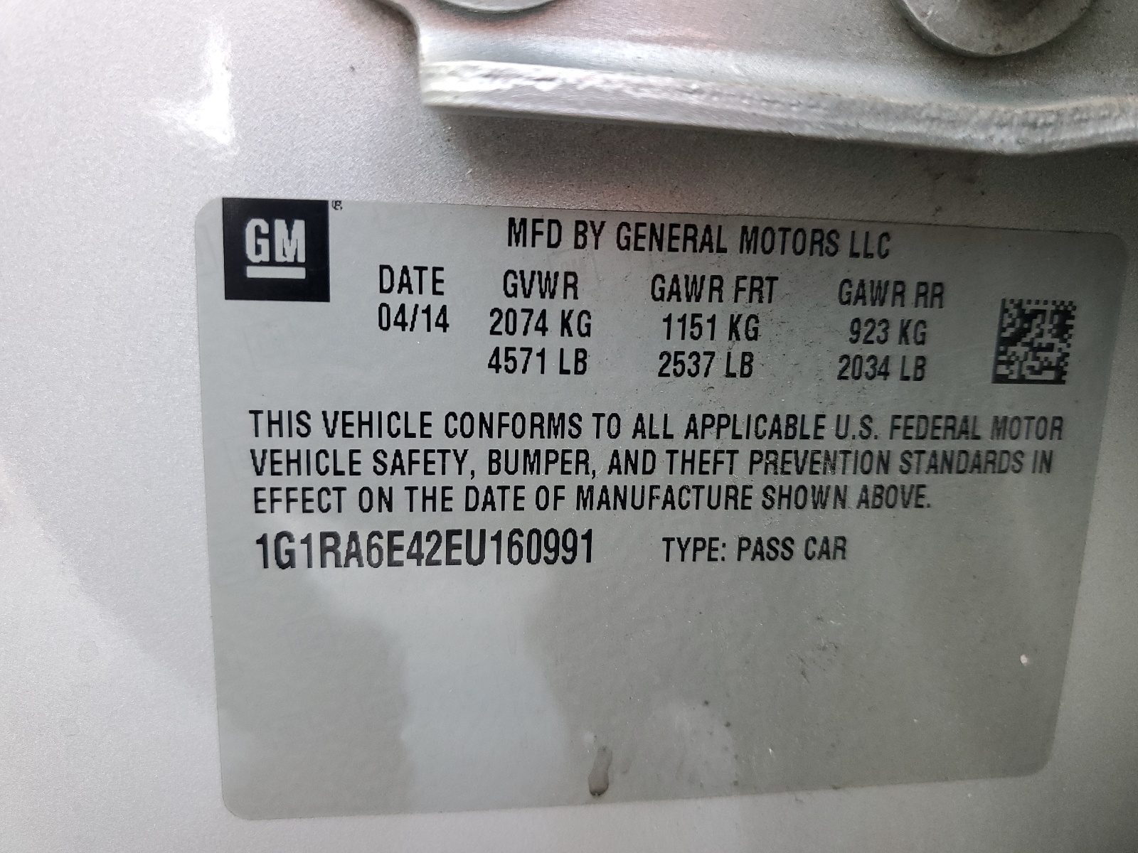 1G1RA6E42EU160991 2014 Chevrolet Volt