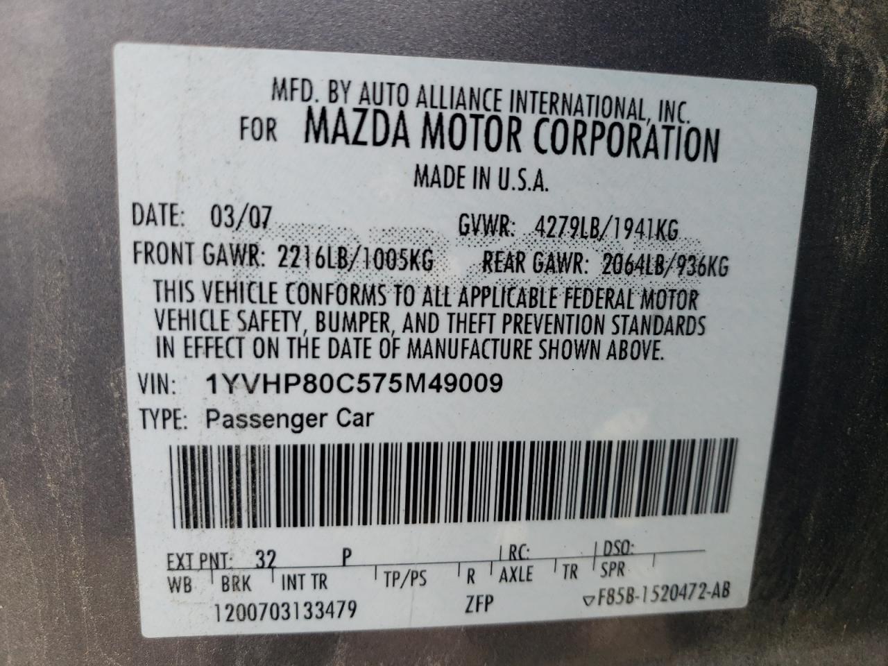 1YVHP80C575M49009 2007 Mazda 6 I