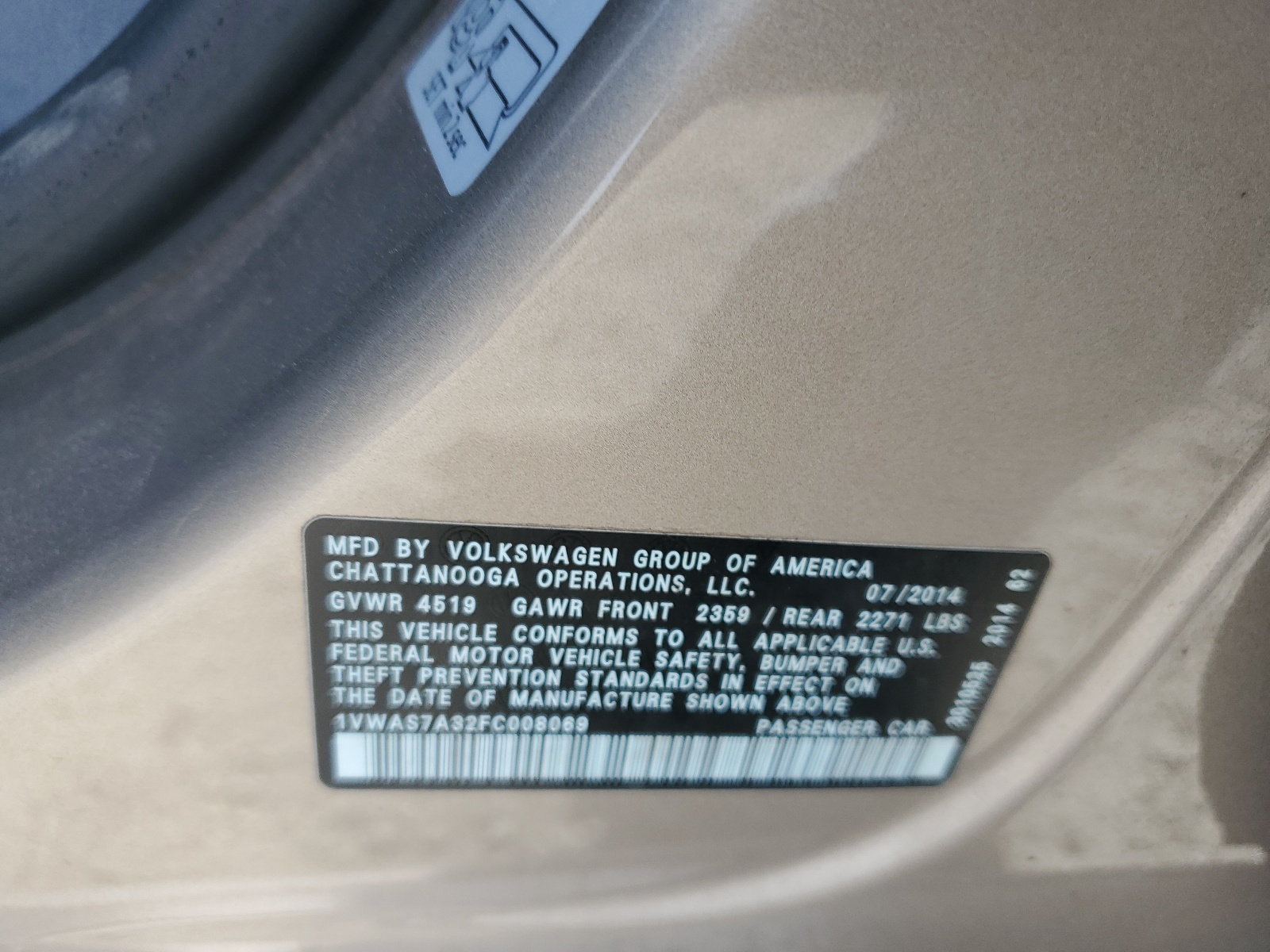 1VWAS7A32FC008069 2015 Volkswagen Passat S