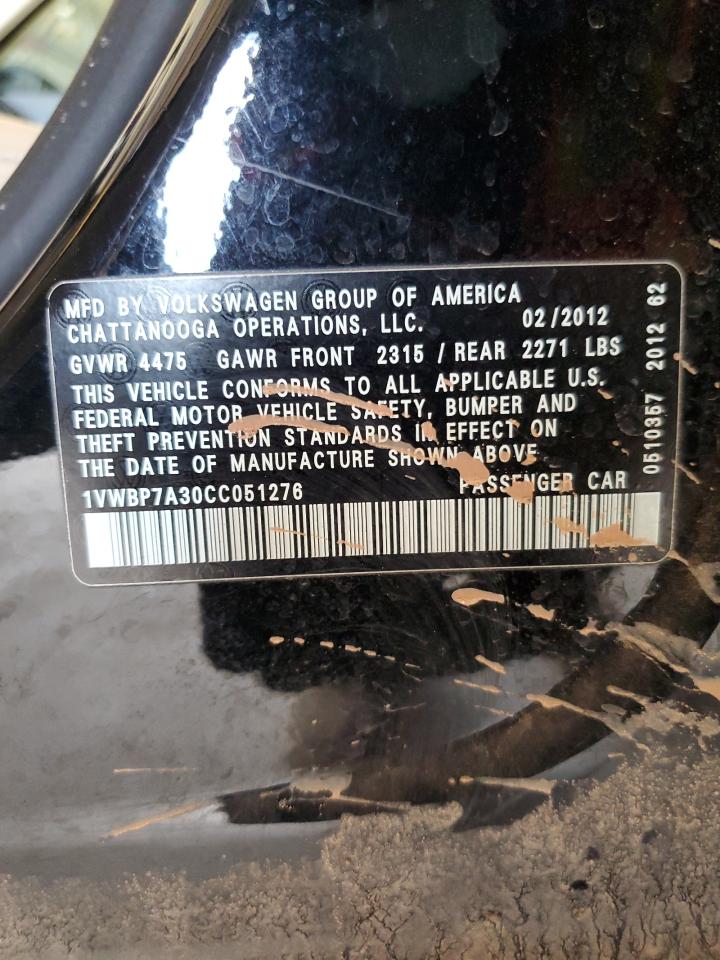 2012 Volkswagen Passat Se VIN: 1VWBP7A30CC051276 Lot: 66673584