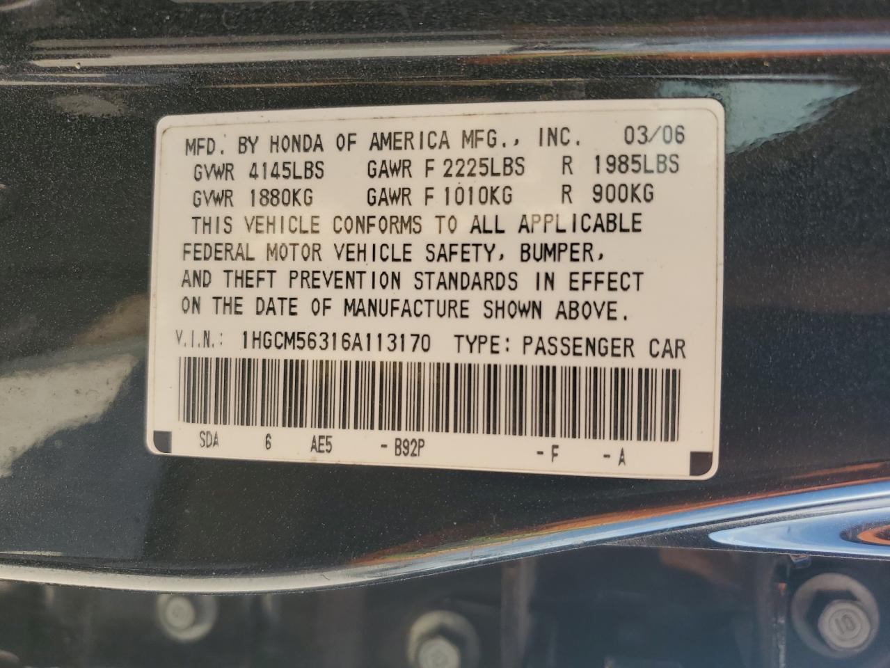 2006 Honda Accord Se VIN: 1HGCM56316A113170 Lot: 66794824