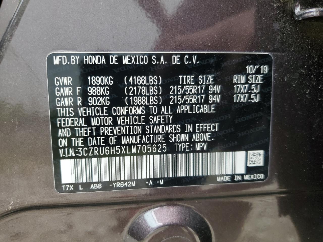 2020 Honda Hr-V Ex VIN: 3CZRU6H5XLM705625 Lot: 66688374