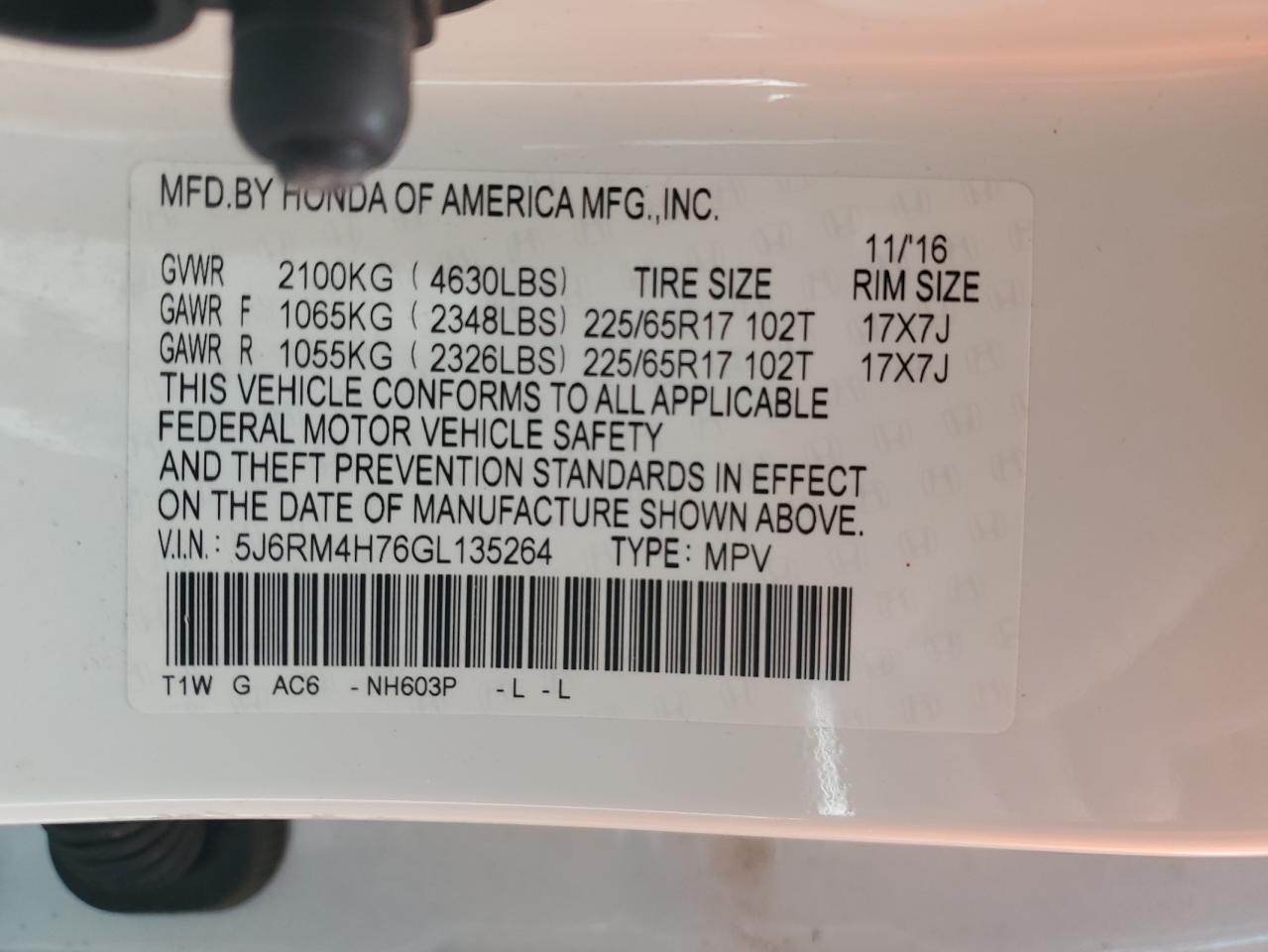 2016 Honda Cr-V Exl VIN: 5J6RM4H76GL135264 Lot: 64749214