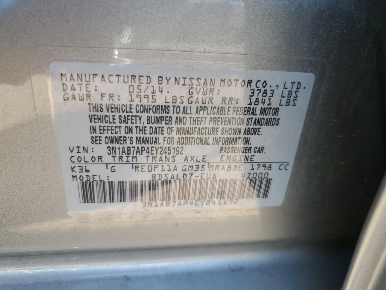 3N1AB7AP4EY245192 2014 Nissan Sentra S