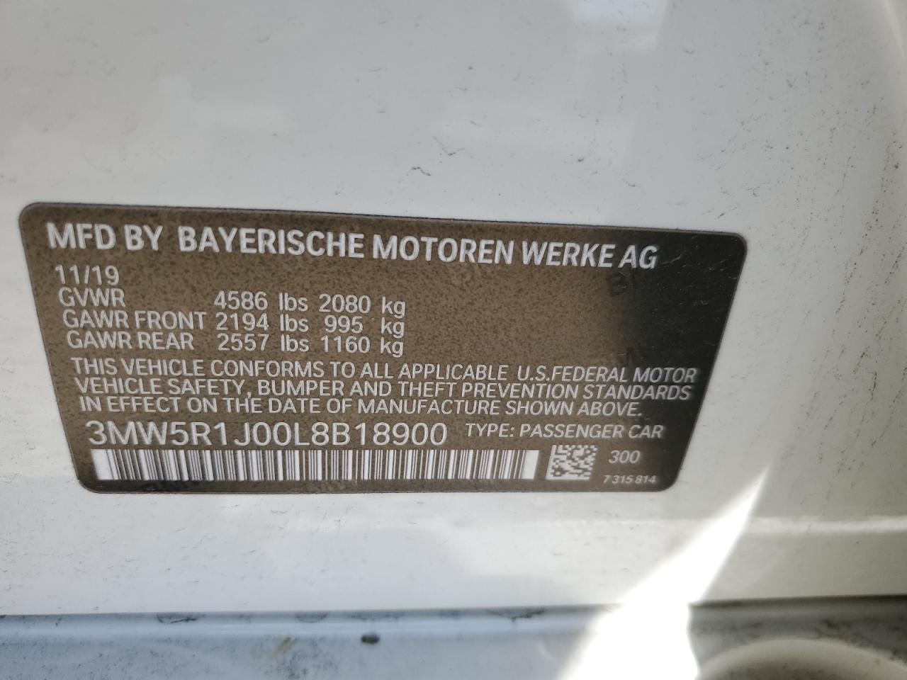 3MW5R1J00L8B18900 BMW 3 Series 330I 12