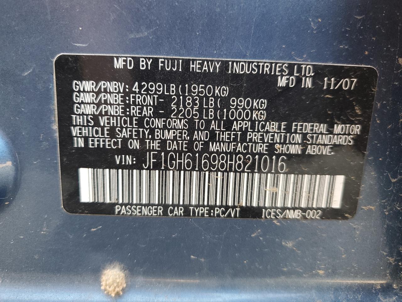 2008 Subaru Impreza 2.5I VIN: JF1GH61698H821016 Lot: 63984874