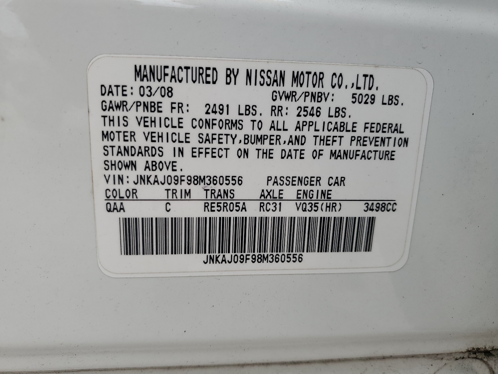 JNKAJ09F98M360556 2008 Infiniti Ex35 Base