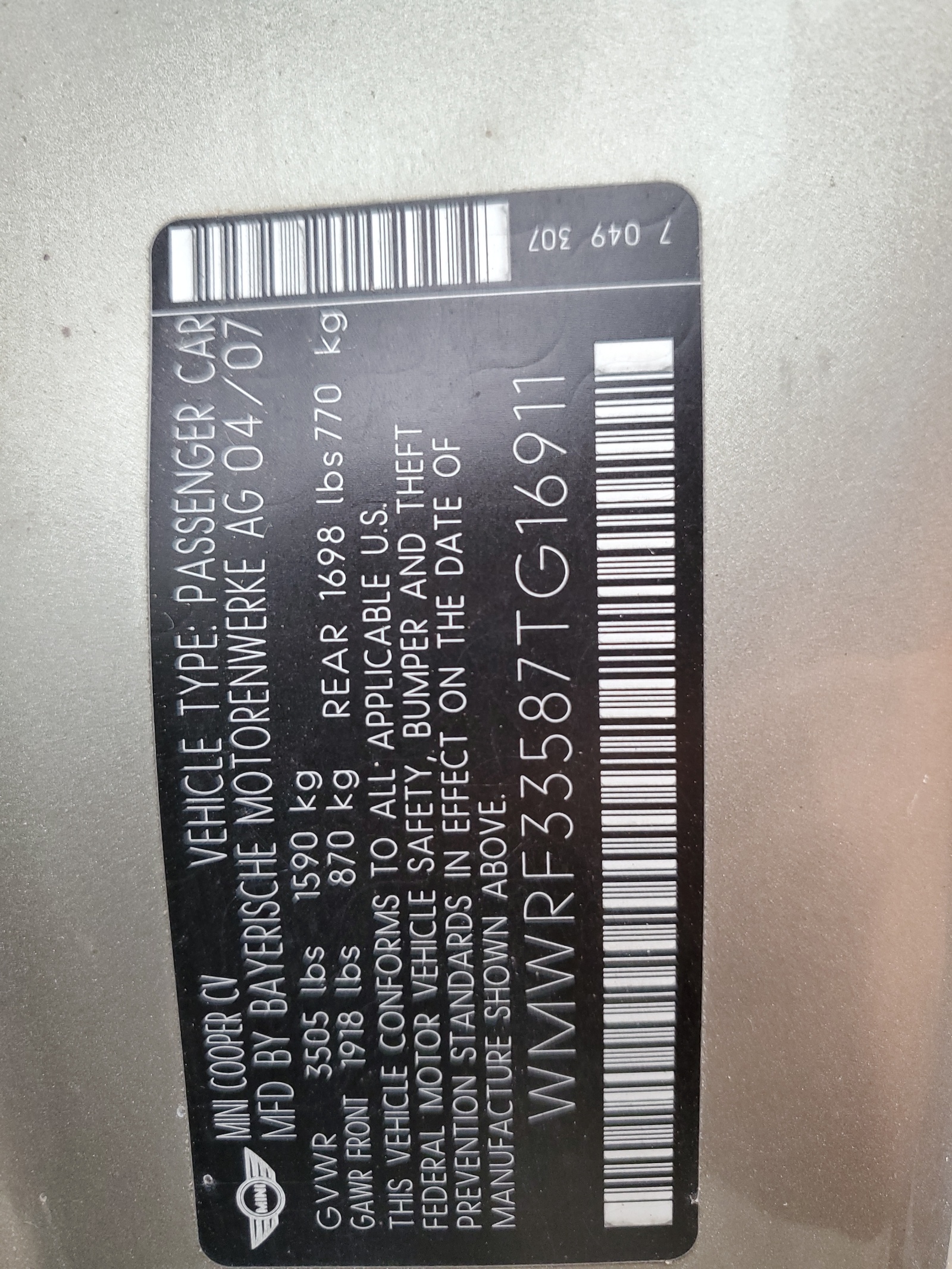 WMWRF33587TG16911 2007 Mini Cooper