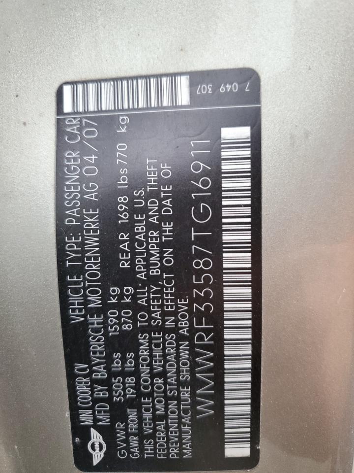 2007 Mini Cooper VIN: WMWRF33587TG16911 Lot: 65245294