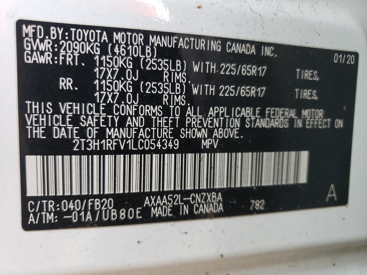 2020 Toyota Rav4 Le VIN: 2T3H1RFV1LC054349 Lot: 66734714