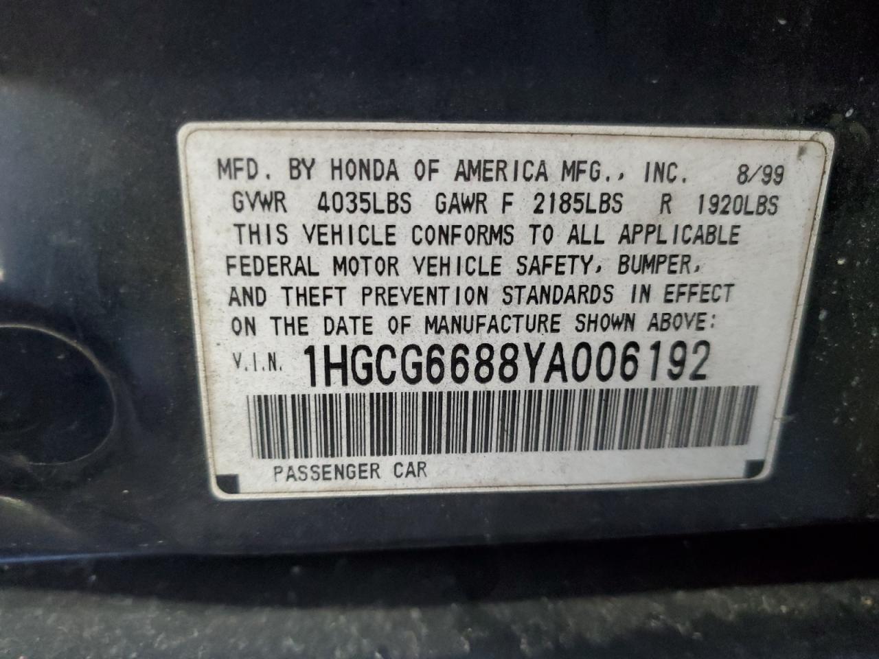 2000 Honda Accord Ex VIN: 1HGCG6688YA006192 Lot: 65421664