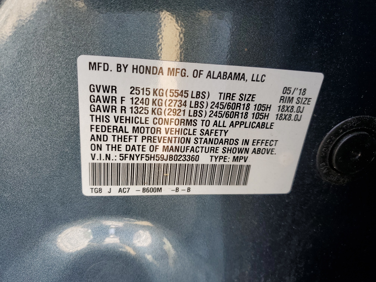 5FNYF5H59JB023360 2018 Honda Pilot Exl