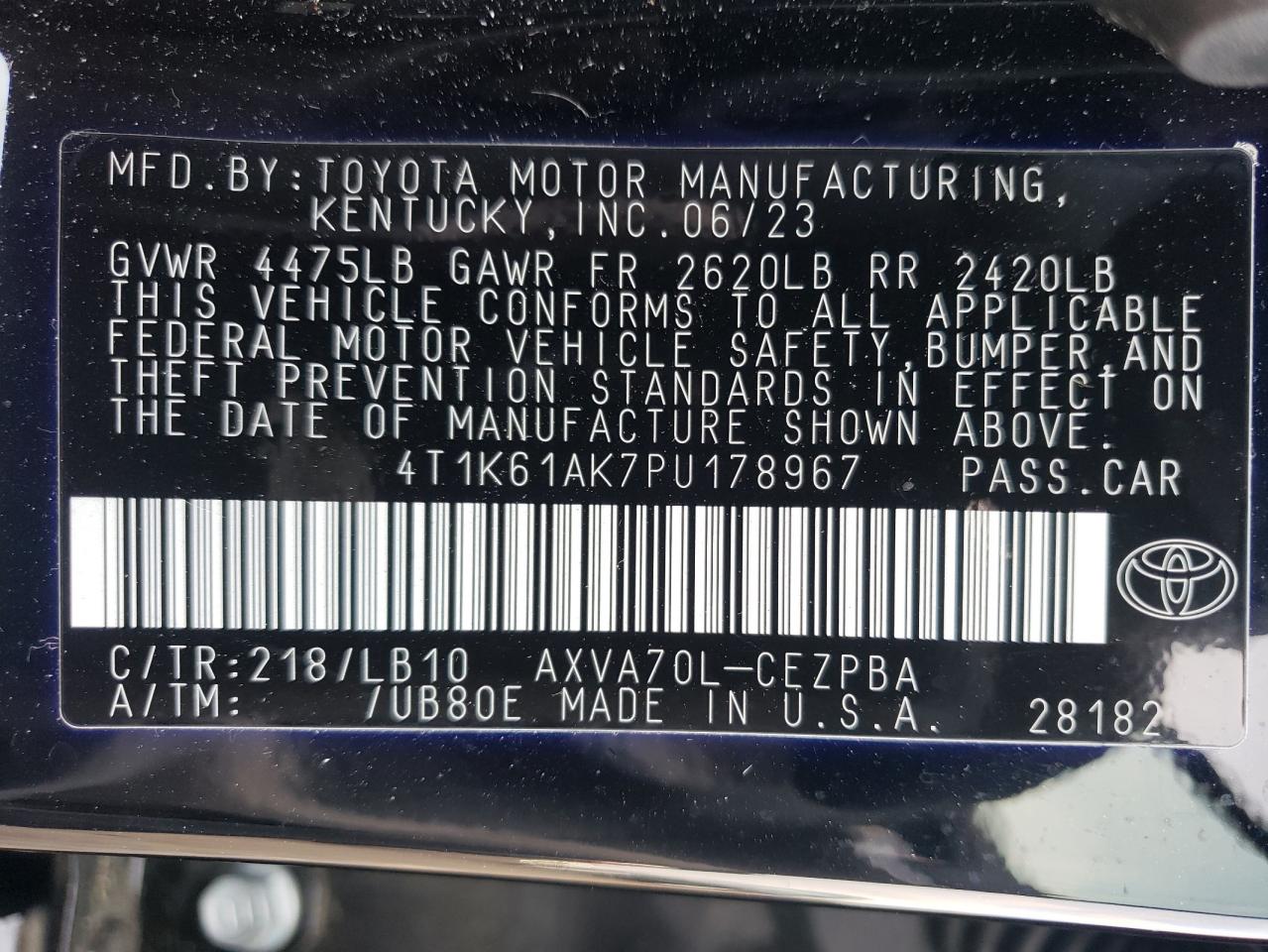 2023 Toyota Camry Xse VIN: 4T1K61AK7PU178967 Lot: 66136264