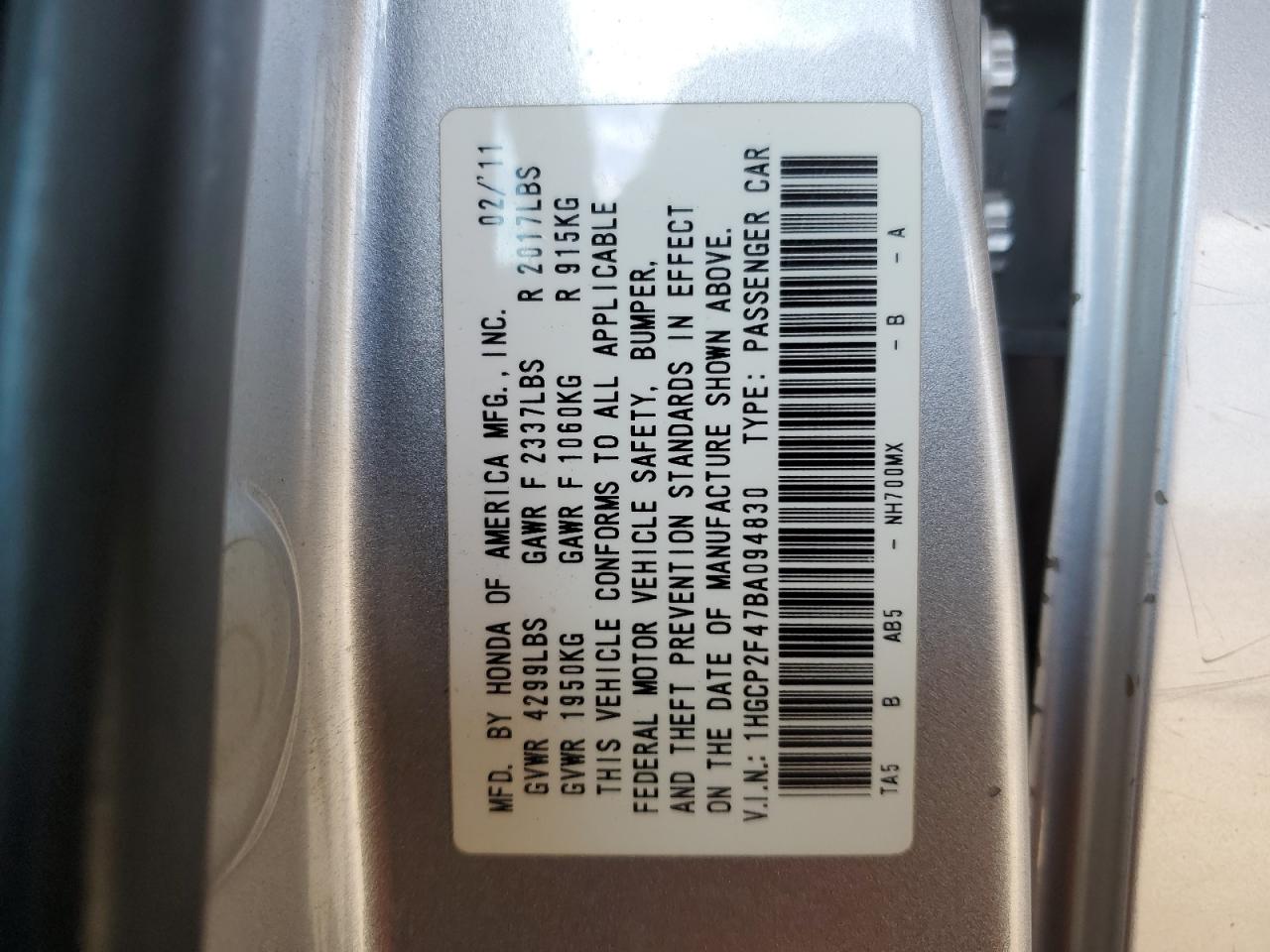 1HGCP2F47BA094830 2011 Honda Accord Lxp