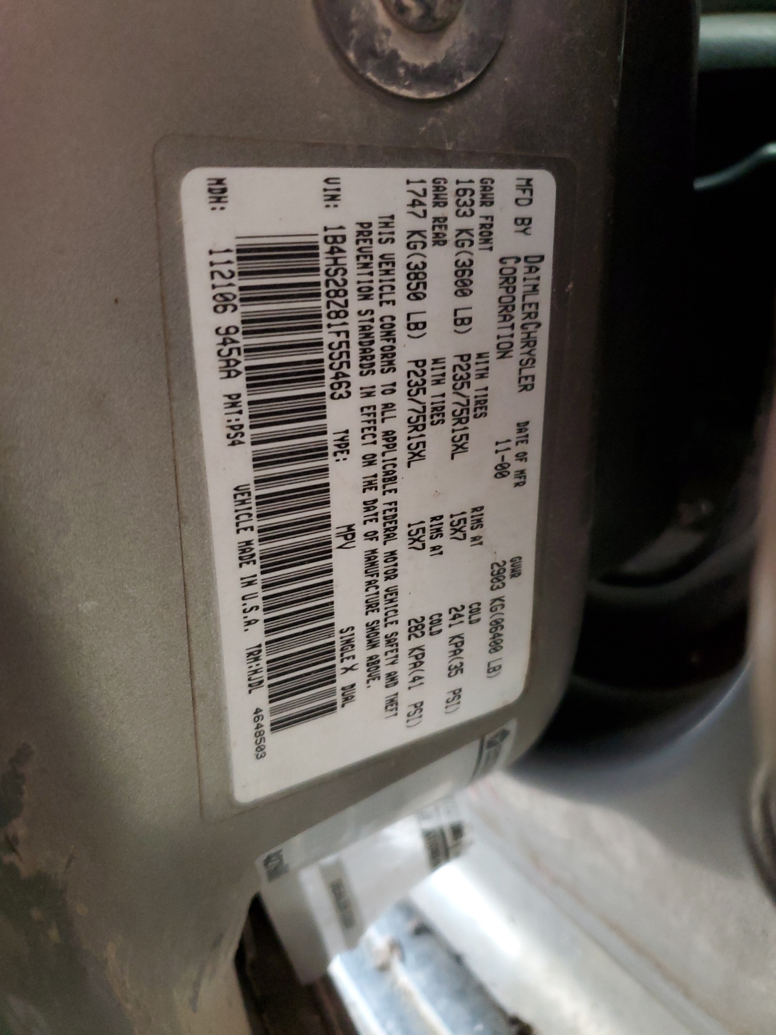 1B4HS28Z81F555463 2001 Dodge Durango