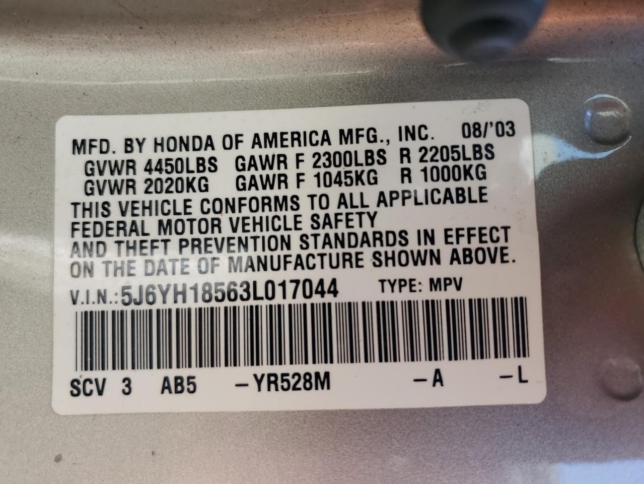 2003 Honda Element Ex VIN: 5J6YH18563L017044 Lot: 66252254