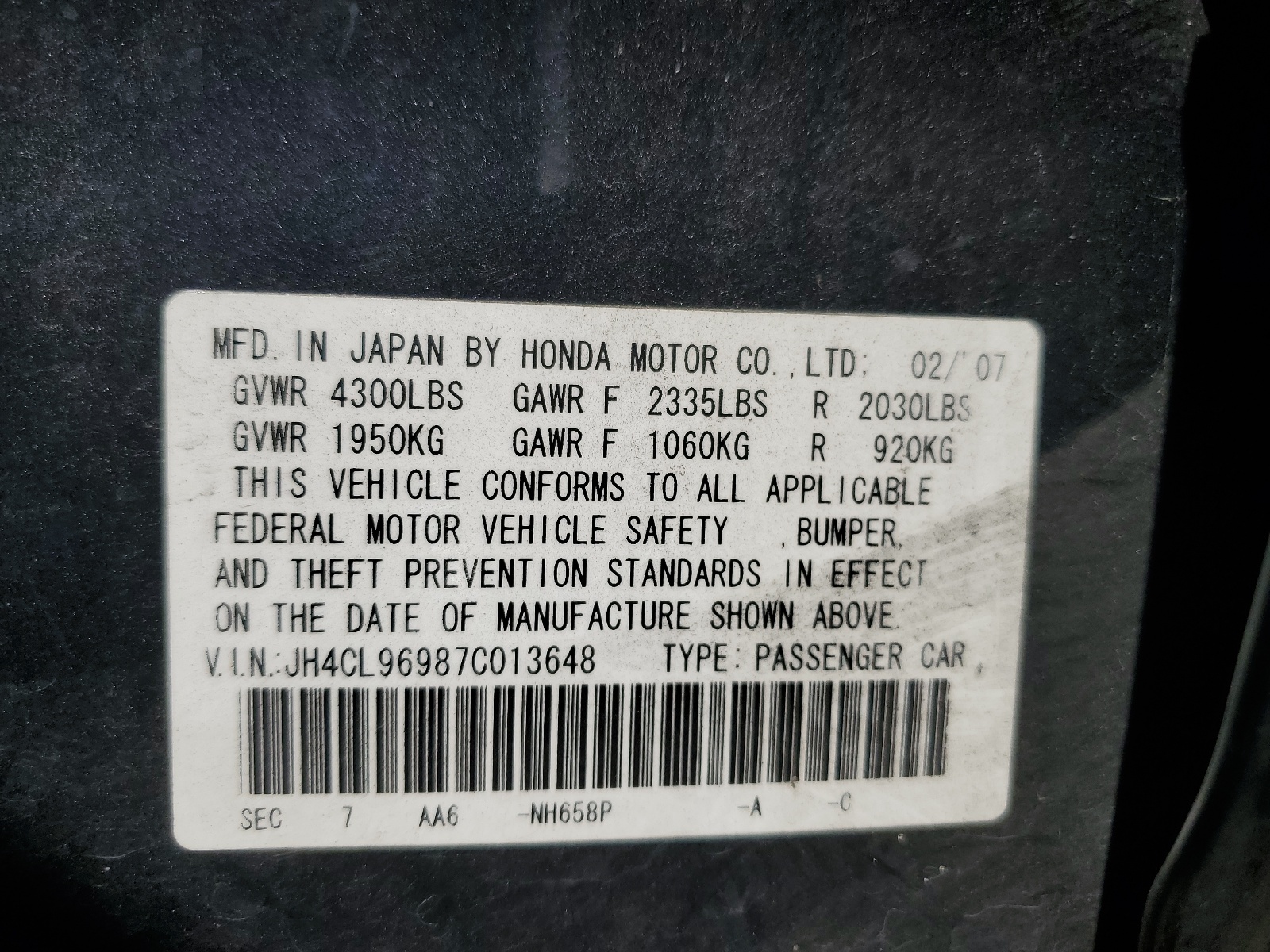 JH4CL96987C013648 2007 Acura Tsx