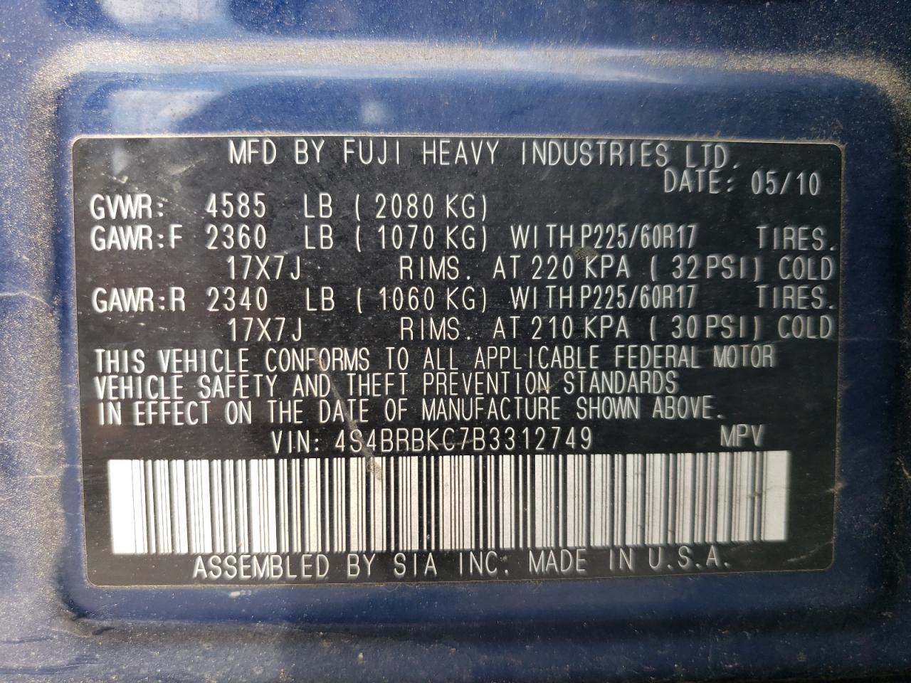 2011 Subaru Outback 2.5I Limited VIN: 4S4BRBKC7B3312749 Lot: 69635274