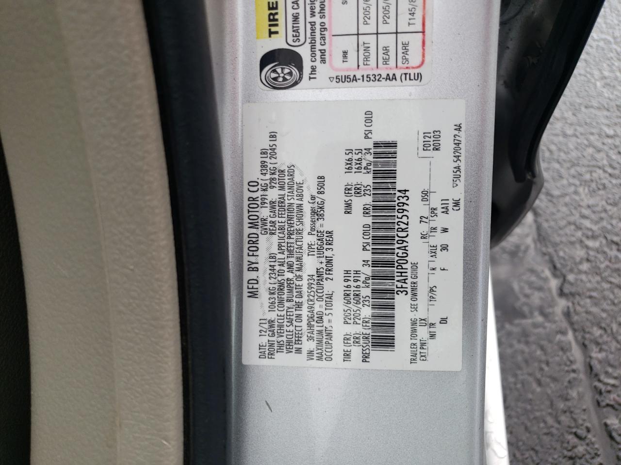 3FAHP0GA9CR259934 2012 Ford Fusion S