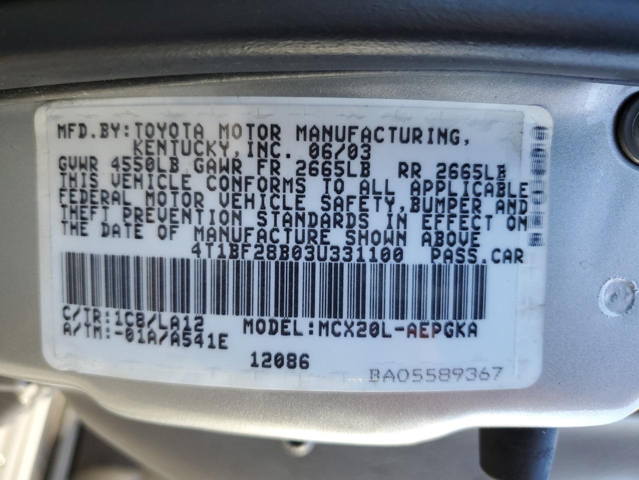 2003 Toyota Avalon Xl VIN: 4T1BF28B03U331100 Lot: 66015054