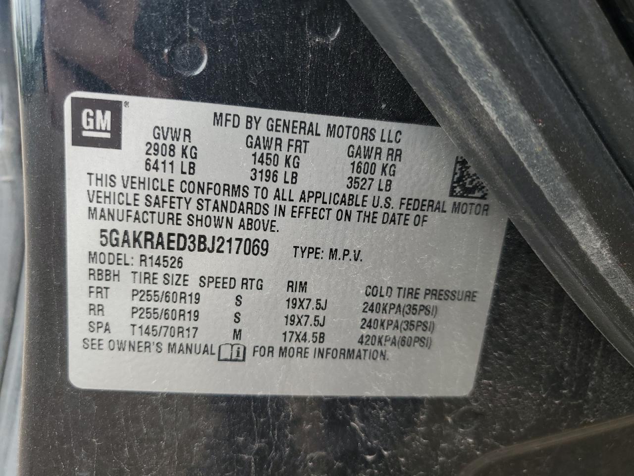 2011 Buick Enclave Cx VIN: 5GAKRAED3BJ217069 Lot: 66508324